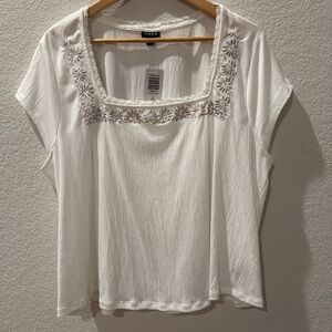 Torrid Ivory White Embroidered Crepe Square Neck Cap Sleeve Top